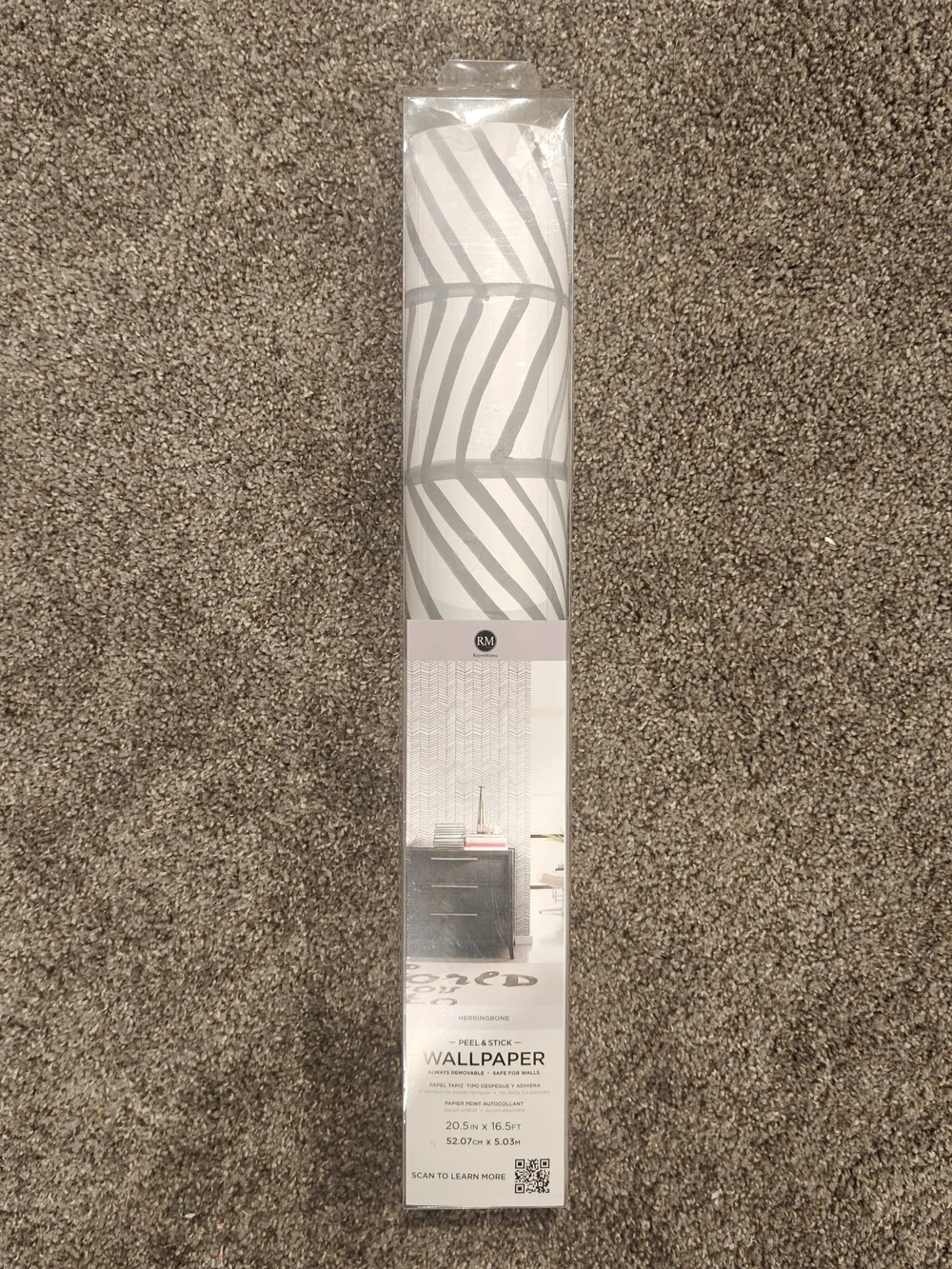 Peel & Stick Wallpaper Roll in Light/Chevron Gray Leaf Pattern